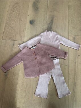 Zara Pink Knit Cardigan & Pale Pink Top with Pants Set Size 6-9 Months
